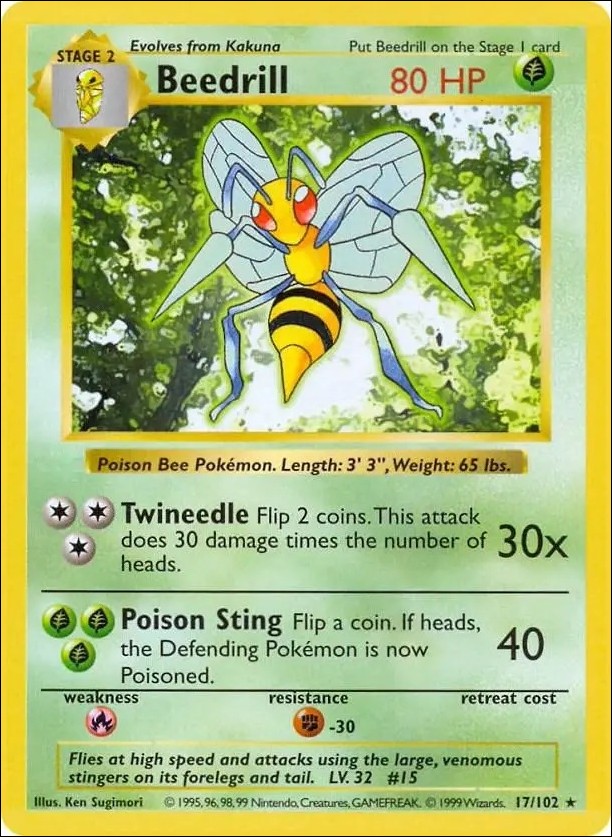 Pokemon (Base Set) card 17/102-B Beedrill (Unlimited) - Shadowless