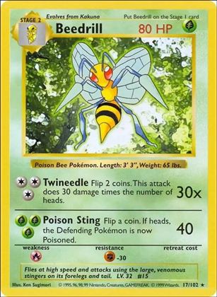 Pokemon (Base Set) card 17/102-B Beedrill (Unlimited) - Shadowless