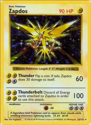 Pokemon (Base Set) card 16/102-B Zapdos (Holo) Unlimited - Shadowless