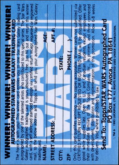 Star Wars Galaxy: Series 1 (Autograph Subset) card nn Autographed Card Redemption Certificate