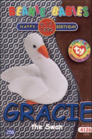 Beanie Babies Series 2 (Birthday or Rookie Subset) card 258 Gracie the Swan Blue Lettering
