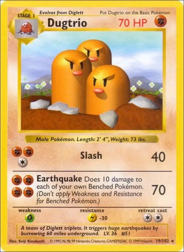 Pokemon (Base Set) card 19/102-B Dugtrio (Unlimited) - Shadowless