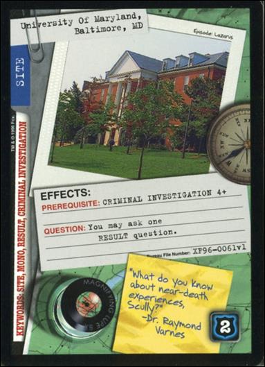 X-Files: Premiere Edition (Base Set) card XF96-0061v1 University of Maryland, Baltimore, MD