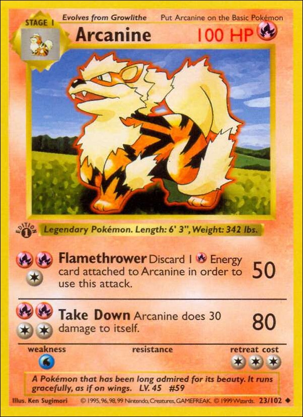 Pokemon (Base Set) card 23/102 Arcanine (1st Edition) - Shadowless