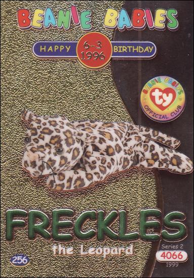 Beanie Babies Series 2 (Birthday or Rookie Subset) card 256-B Freckles the Leopard Green Lettering