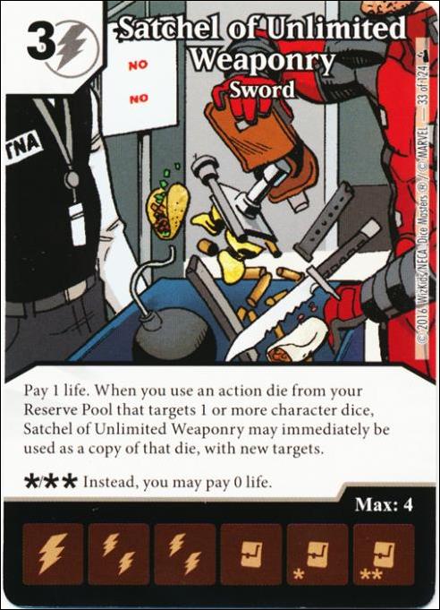 Marvel Dice Masters Deadpool card 33 Satchel of Unlimited Weaponry: Sword