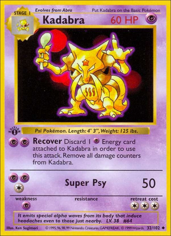 Pokemon (Base Set) card 32/102 Kadabra (1st Edition) - Shadowless