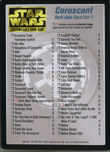 Star Wars: Coruscant Limited (Base Set) card 190 Dark Side Card List 1
