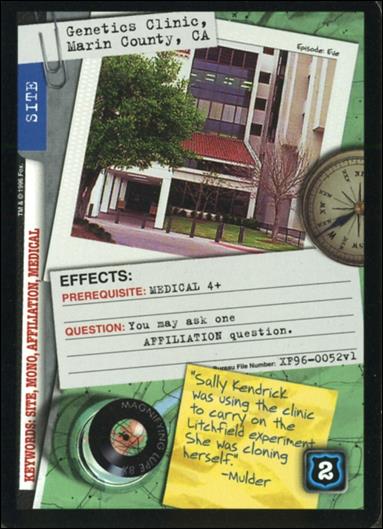 X-Files: Premiere Edition (Base Set) card XF96-0052v1 Genetics Clinic, Marin County, CA
