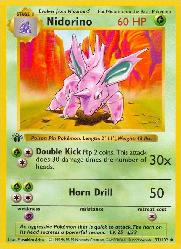 Pokemon (Base Set) card 37/102 Nidorino (1st Edition) - Shadowless