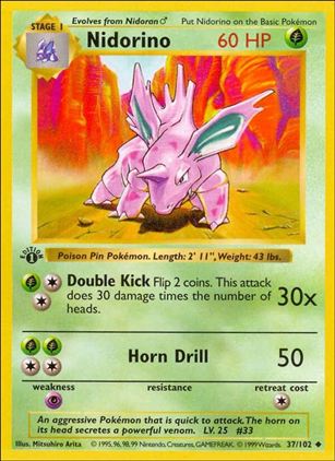 Pokemon (Base Set) card 37/102 Nidorino (1st Edition) - Shadowless