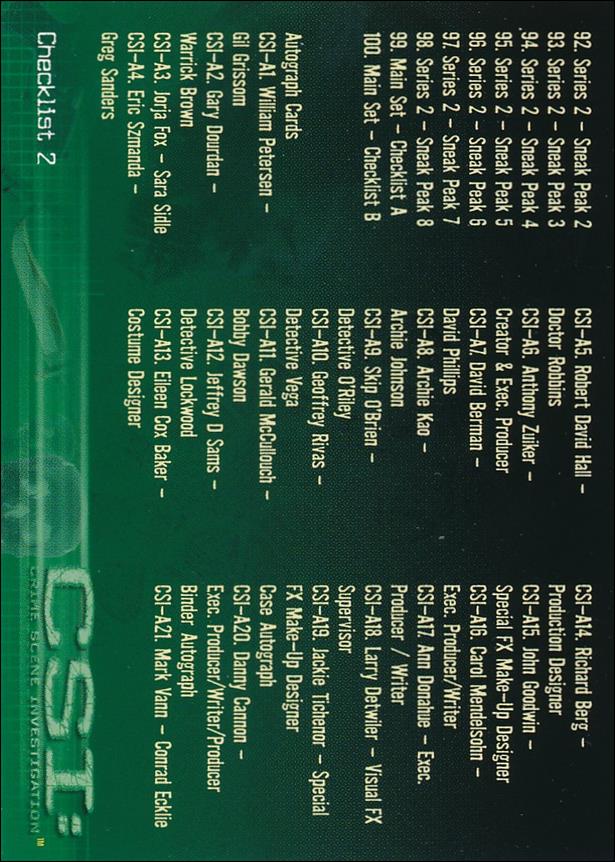 CSI: Crime Scene Investigation - Series One (Base Set) card 100 Checklist 2