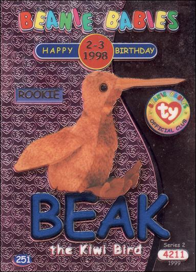 Beanie Babies Series 2 (Birthday or Rookie Subset) card 251 Beak the Kiwi Bird Blue Lettering