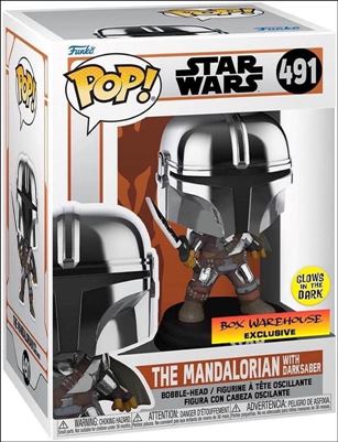 POP! Star Wars figure 491 The Mandalorian w/ Darksaber (GITD) Box Warehouse
