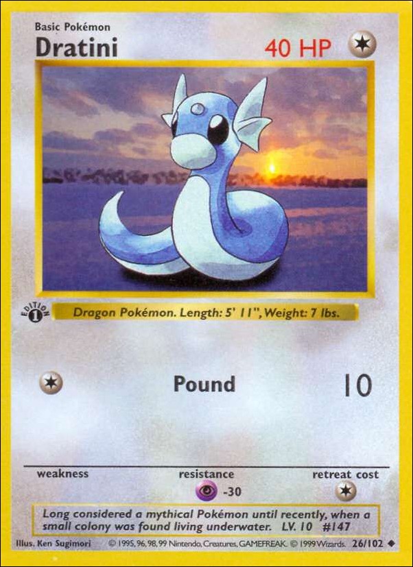 Pokemon (Base Set) card 26/102 Dratini (1st Edition) - Shadowless
