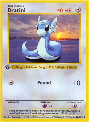 Pokemon (Base Set) card 26/102 Dratini (1st Edition) - Shadowless