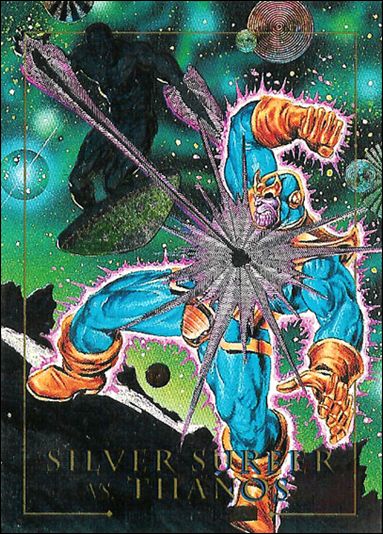 1992 Marvel Masterpieces (Battle Spectra Subset) card 2-D Silver Surfer vs. Thanos