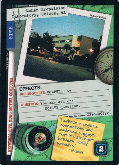 X-Files: Premiere Edition (Base Set) card XF96-0069v1 Mahan Propulison Laboratory, Colson, WA