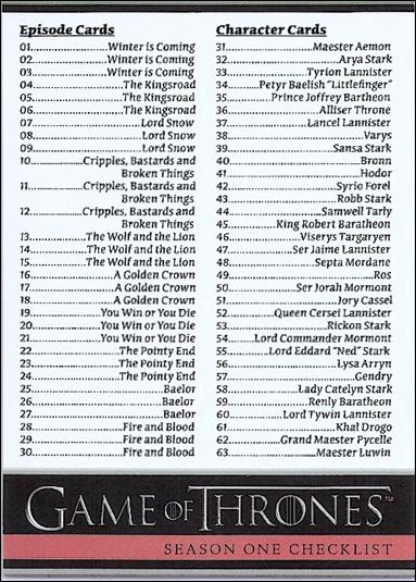 Game of Thrones: Season One (Base Set) card 72 Season One Checklist