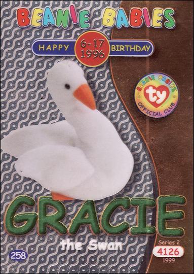 Beanie Babies Series 2 (Birthday or Rookie Subset) card 258-B Gracie the Swan Green Lettering