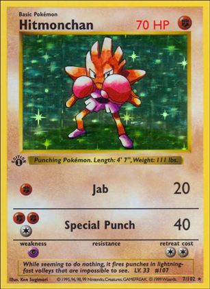 Pokemon (Base Set) card 7/102 Hitmonchan (Holo) 1st Edition - Shadowless