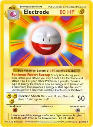 Pokemon (Base Set) card 21/102-B Electrode (Unlimited) - Shadowless