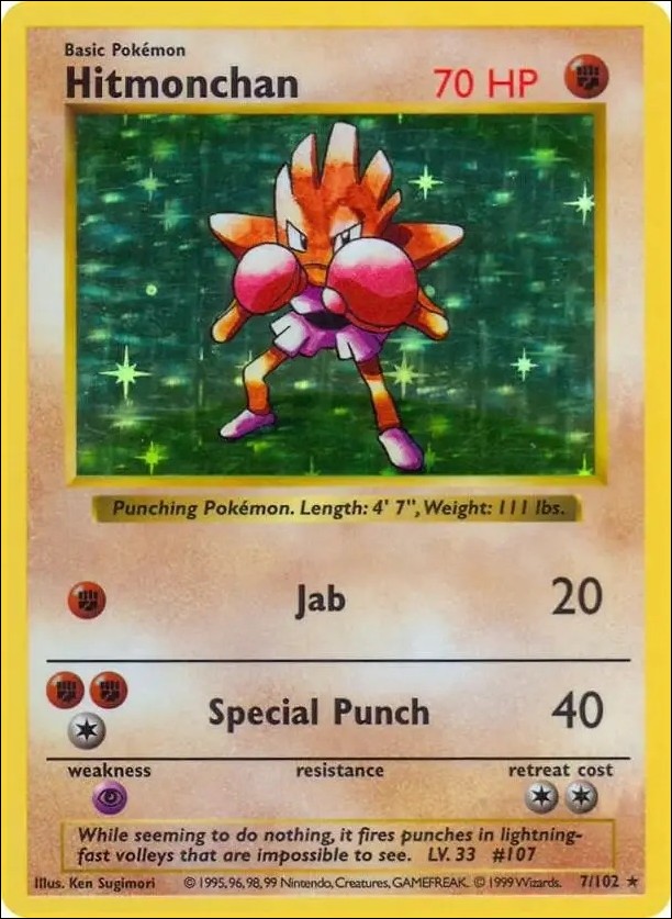 Pokemon (Base Set) card 7/102-B Hitmonchan (Holo) Unlimited - Shadowless