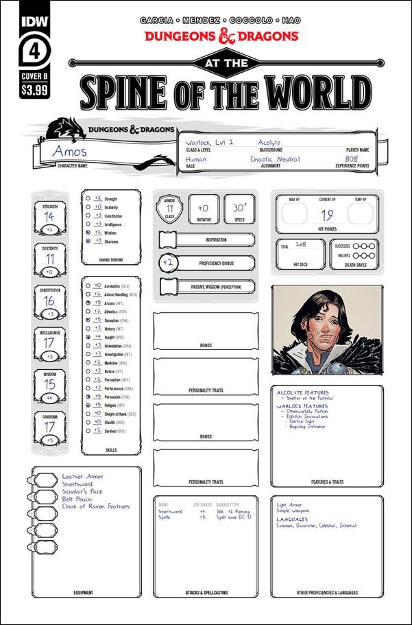 Dungeons & Dragons: At the Spine of the World issue 4-B Max Davenport Character Sheet Cover