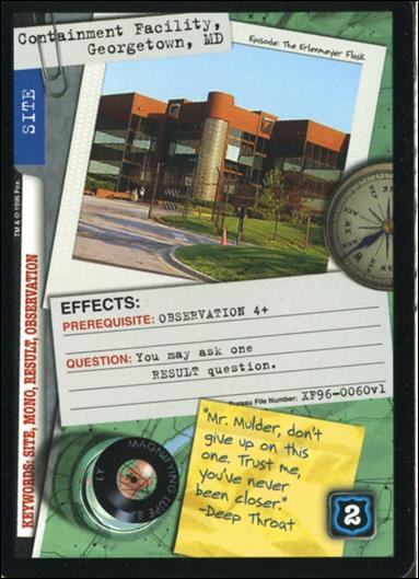 X-Files: Premiere Edition (Base Set) card XF96-0060v1 Containment Facility, Georgetown, MD