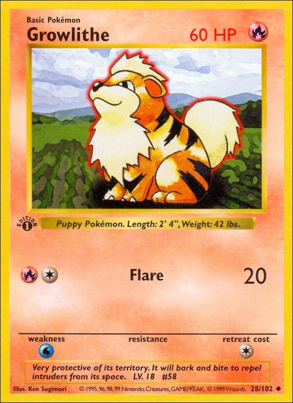 Pokemon (Base Set) card 28/102 Growlithe (1st Edition) - Shadowless
