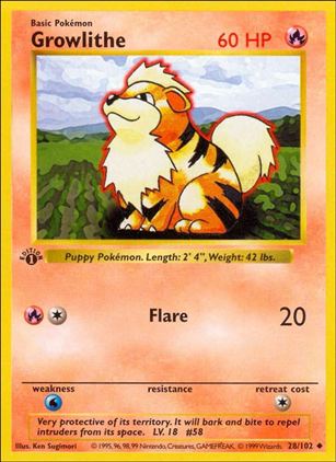 Pokemon (Base Set) card 28/102 Growlithe (1st Edition) - Shadowless