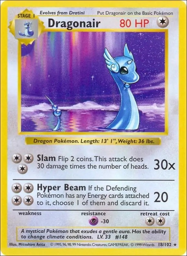 Pokemon (Base Set) card 18/102-B Dragonair (Unlimited) - Shadowless