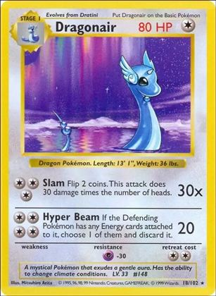 Pokemon (Base Set) card 18/102-B Dragonair (Unlimited) - Shadowless