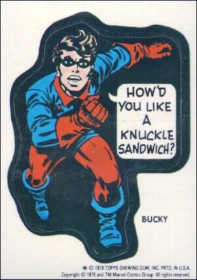 Marvel Super Heroes Stickers (Base Set) card NN3 Bucky - "How'd you like a knuckle sandwich?" 