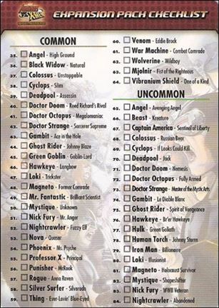 Marvel Dice Masters Avengers vs. X-Men  card Checklist Expansion Pack Checklist