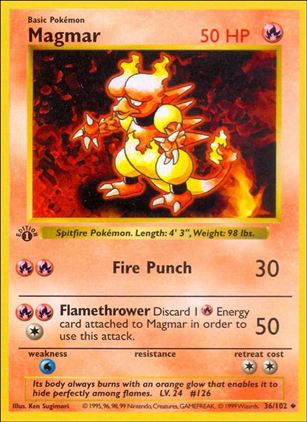 Pokemon (Base Set) card 36/102 Magmar (1st Edition) - Shadowless