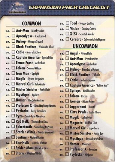 Marvel Dice Masters Uncanny X-Men  card Checklist Expansion Pack Checklist