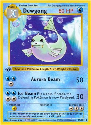 Pokemon (Base Set) card 25/102 Dewgong (1st Edition) - Shadowless