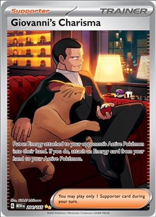 Pokemon: Scarlet & Violet - 151 (Base Set) card 204/165 Giovanni's Charisma (Holofoil) Full Art Illustr,