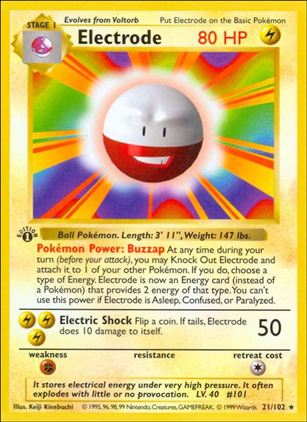 Pokemon (Base Set) card 21/102 Electrode (1st Edition) - Shadowless