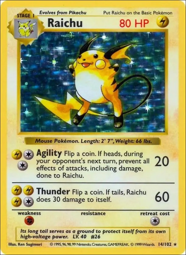 Pokemon (Base Set) card 14/102-B Raichu (Holo) Unlimited - Shadowless