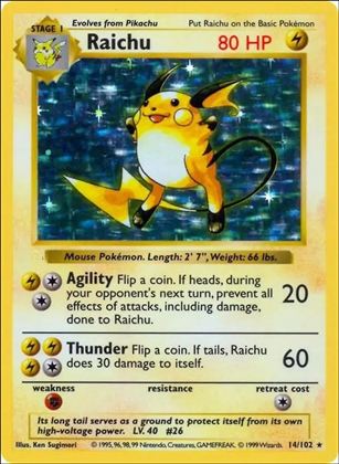 Pokemon (Base Set) card 14/102-B Raichu (Holo) Unlimited - Shadowless
