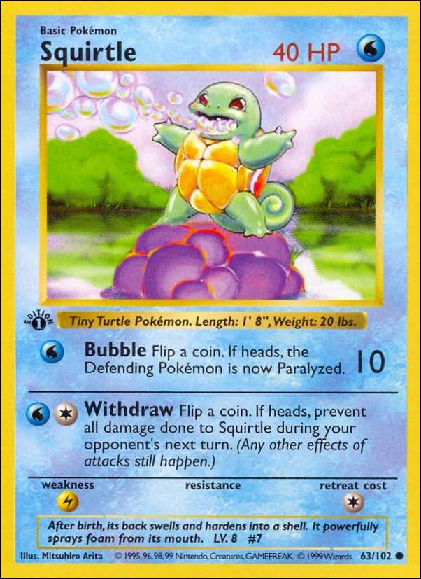 Pokemon (Base Set) card 63/102 Squirtle (1st Edition) - Shadowless