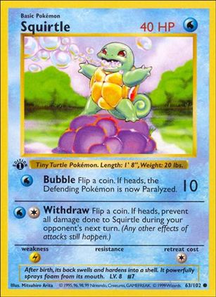 Pokemon (Base Set) card 63/102 Squirtle (1st Edition) - Shadowless