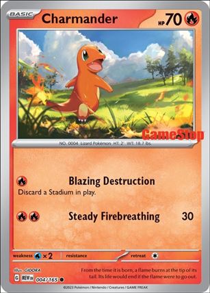 Pokemon: Scarlet & Violet - 151 (Base Set) card 004/165-E Charmander (Reverse Holofoil)  Gamestop Logo