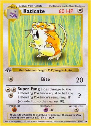 Pokemon (Base Set) card 40/102 Raticate (1st Edition) - Shadowless