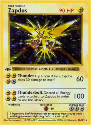 Pokemon (Base Set) card 16/102 Zapdos (Holo) 1st Edition - Shadowless