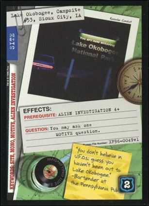 X-Files: Premiere Edition (Base Set) card XF96-0049v1 Lake Okobogee, Campsite #53, Sioux City, IA