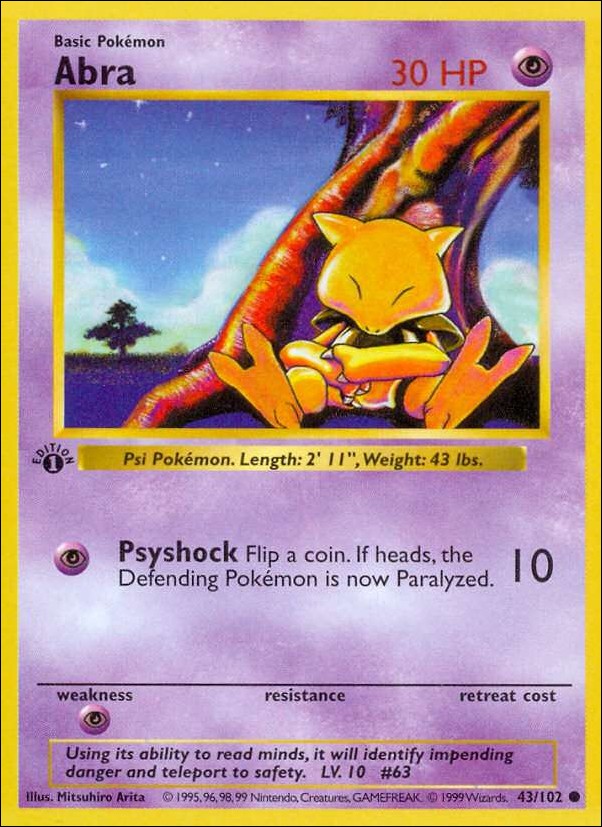 Pokemon (Base Set) card 43/102 Abra (1st Edition) - Shadowless