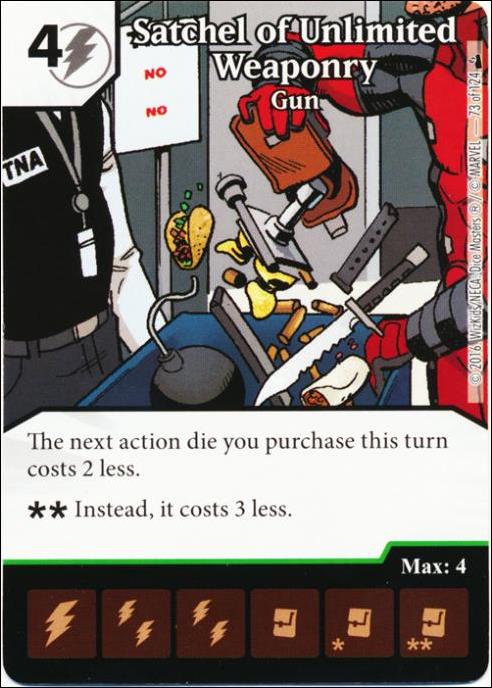 Marvel Dice Masters Deadpool card 73 Satchel of Unlimited Weaponry: Gun